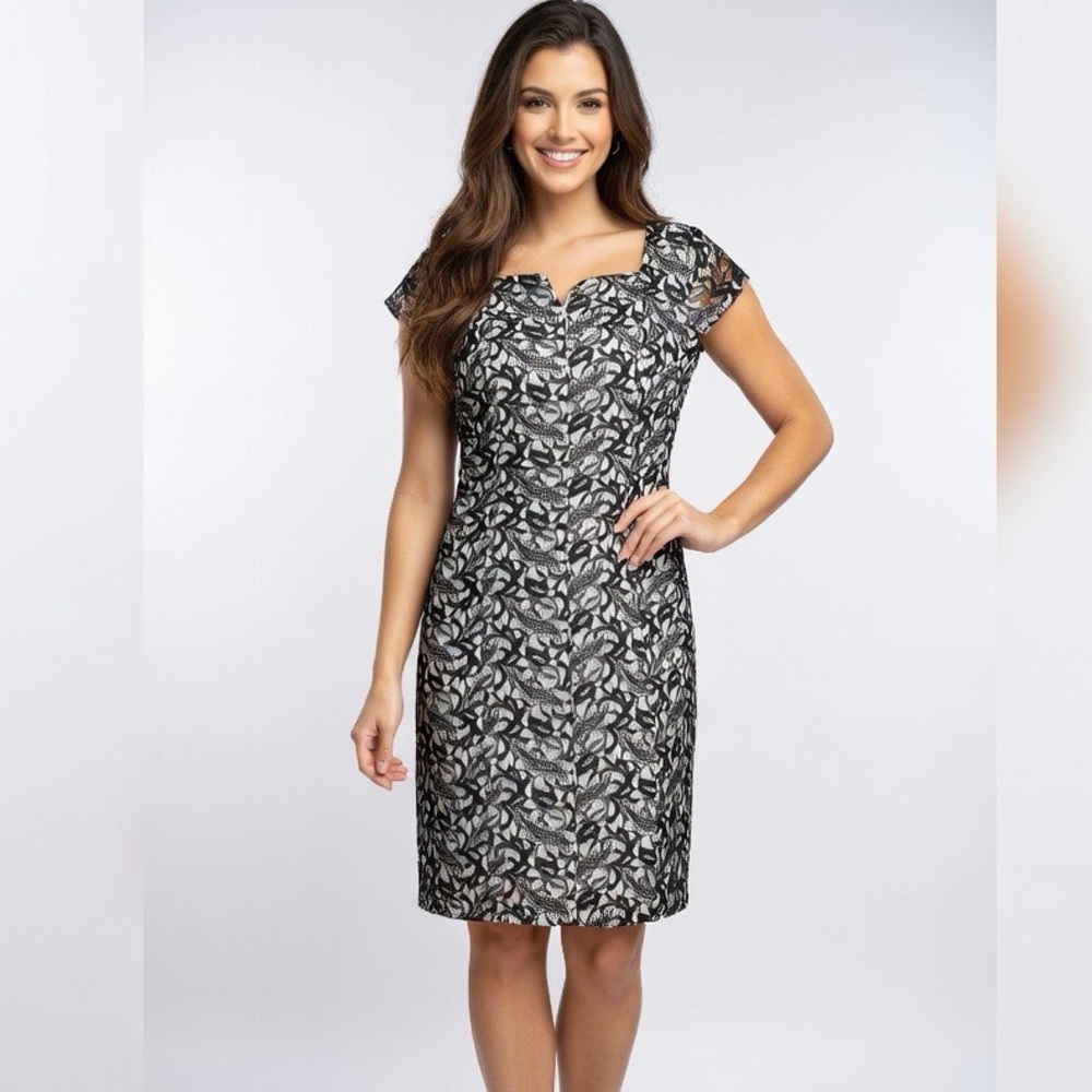 Elegant Black and White Lace Dress, Size Large (L)